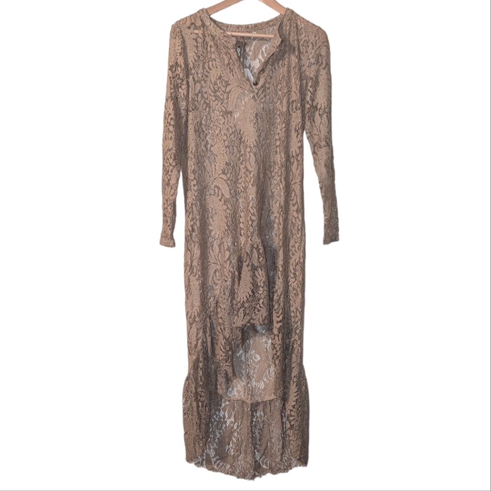 NWT Aziza Mocha Lace Hi Lo Mermaid Long Sleeve See Through Long Line Midi Top